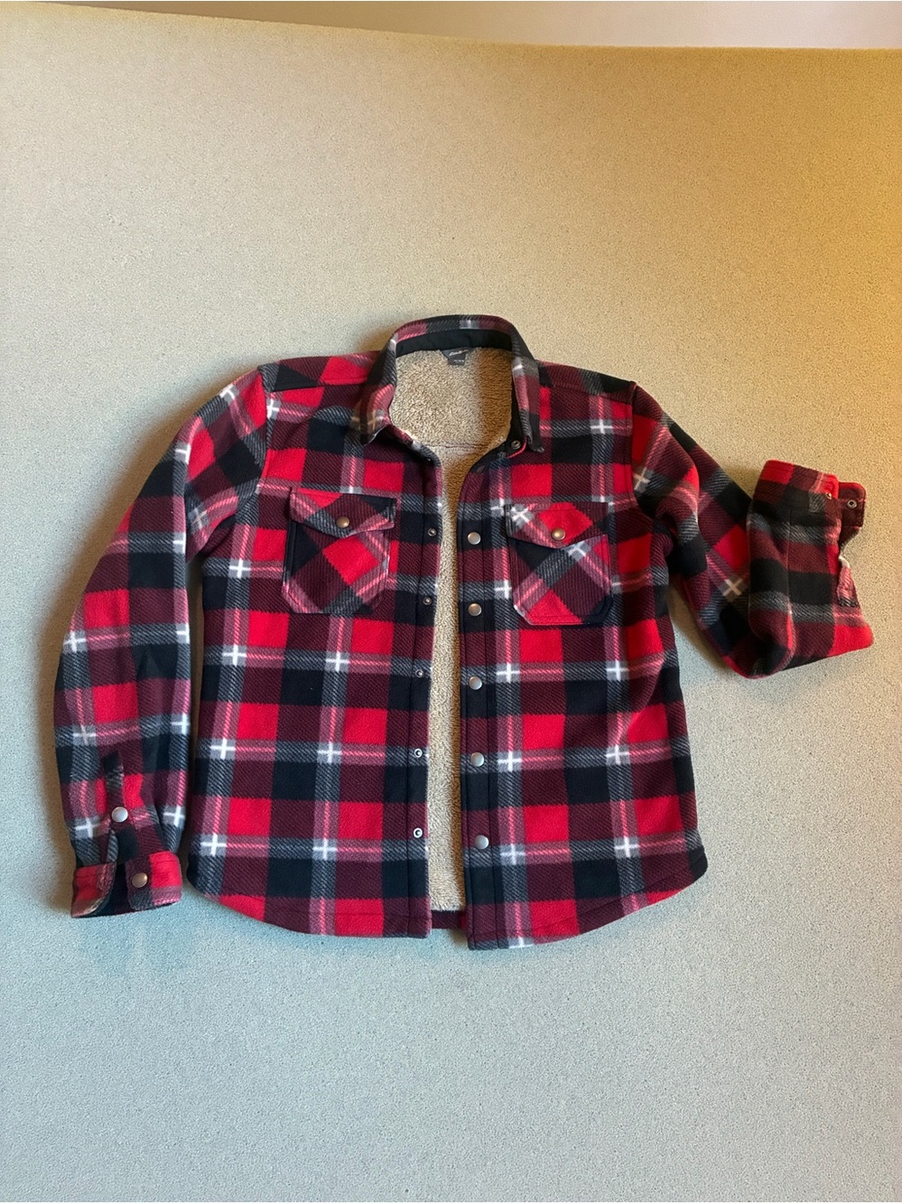 Eddie Bauer Kids Red & Black Plaid Sherpa-Lined Flannel Shirt Jacket